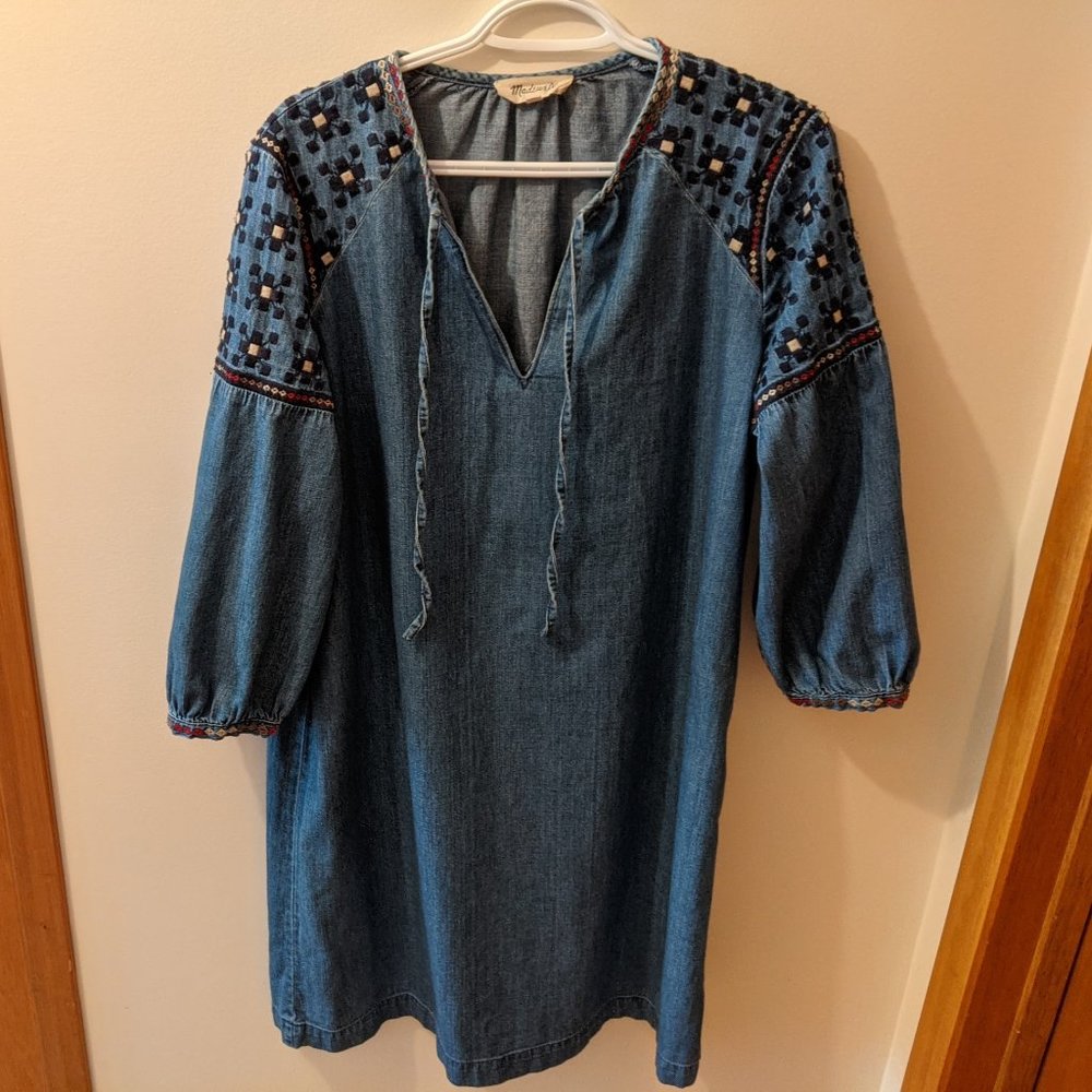 Madewell Embroidered Denim Tealeaf Dress  - L